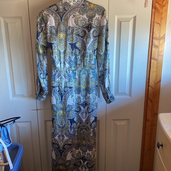 Magaschoni NWT Linen Collared Long Sleeve Button Cuff Tie-Wrap Midi Dress 8 - Picture 5 of 13